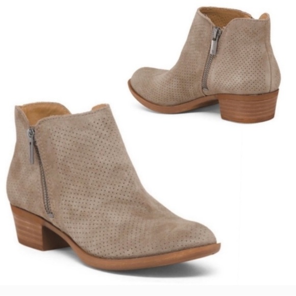 Lucky Brand Bayley Chinchilla Taupe Perforated Suede Ankle Bootie - Picture 1 of 9